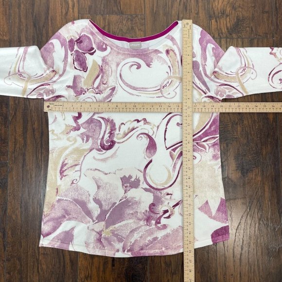 Chico's 1 Women's Medium Sweater Purple White Cream Paisley Bateau Neck Pullover - Picture 9 of 15